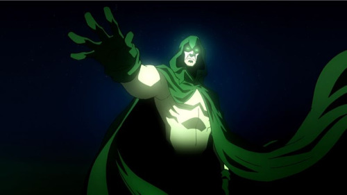 Screengrab from the DC Showcase: The Spectre short, which will be included on the Justice League: Crisis on Two Earths DVD.  This is the first Showcase animated feature, but not the last; DC plans to integrate Showcase into future DC Universe releases:
From the creative forces behind the DC Universe animated original PG-13 movies, DC Showcase puts the spotlight on favorite characters from throughout the annals of DC Comics in fascinating, short-form tales sure to entertain longtime and new fans alike.
The Spectre focuses on a detective story with an ethereal twist, featuring the otherworldly character originally introduced by DC Comics in 1940. The short is written by Steve Niles (30 Days of Night) and directed by Joaquim Dos Santos (G.I Joe: Resolute). The voice cast is led by Gary Cole (Entourage) as the title character and Alyssa Milano (Charmed) as Aimee Brenner.
The Spectre will be distributed February 23 by Warner Home Video as part of the Justice League: Crisis on Two Earths Blu-ray/DVD.  DC Showcase is a co-production from Warner Premiere, Warner Bros. Animation, Warner Home Video and DC Comics. Bruce Timm is Executive Producer. Future DC Showcase titles include Jonah Hex (written by Joe Lansdale).