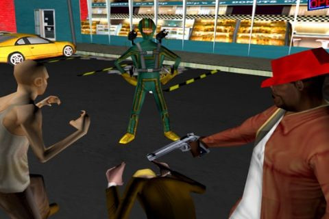 Friday, April 16: Kick-Ass movie premieres in Theaters.
Saturday, April 17: Kick-Ass iPhone/pad/touch game premieres in the App store.
Really, for serious!  See, I got a screen cap ‘n everything!
It&#8217;s a 3rd-person action game, that lets you play as the movie&#8217;s trio of cosplayers-gone-mad: Kick-Ass, Big Daddy and Hit-Girl.
Kick-Ass: the iGame will set you back $2.99.